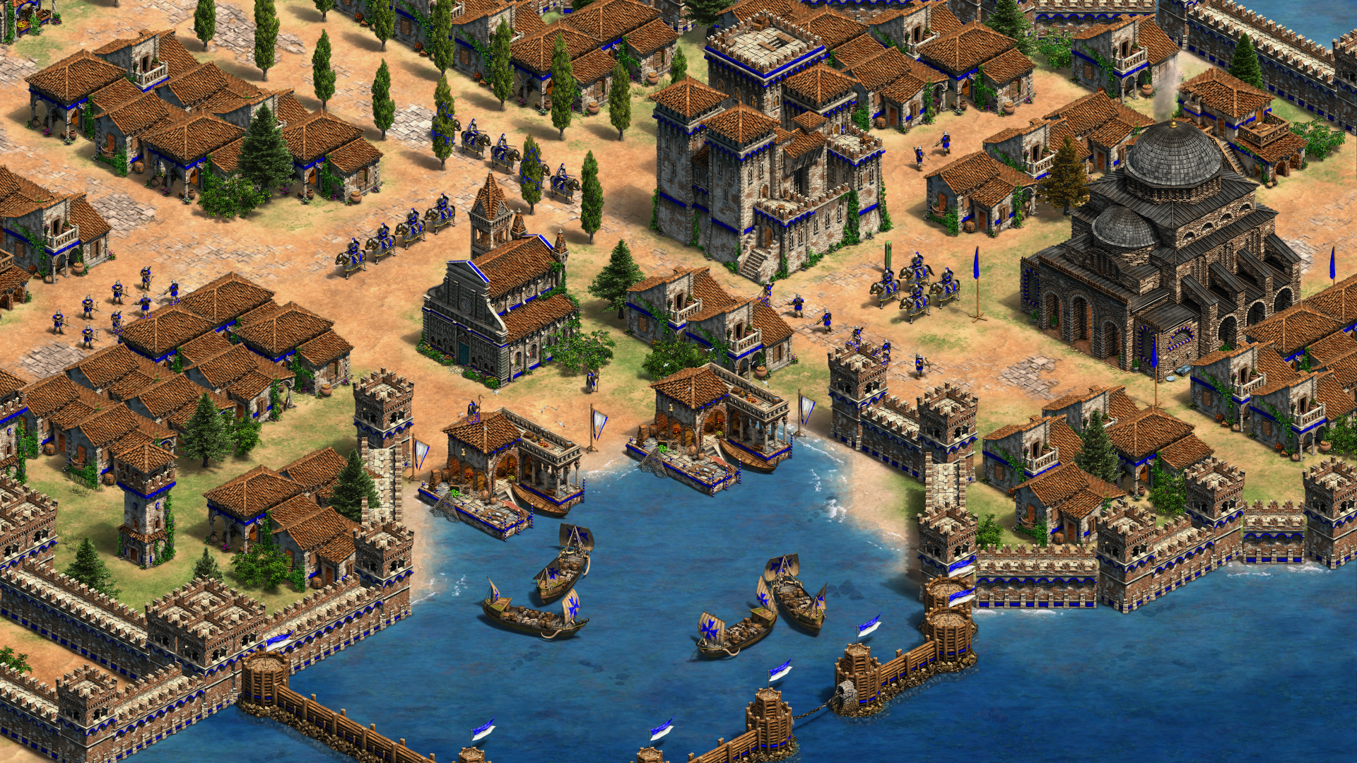 Imagen dentro del juego, de una ciudad costera