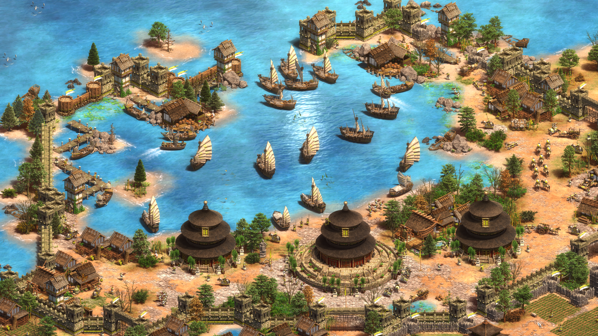 Imagen dentro del juego de una ciudad costera de civilizacion Asiática